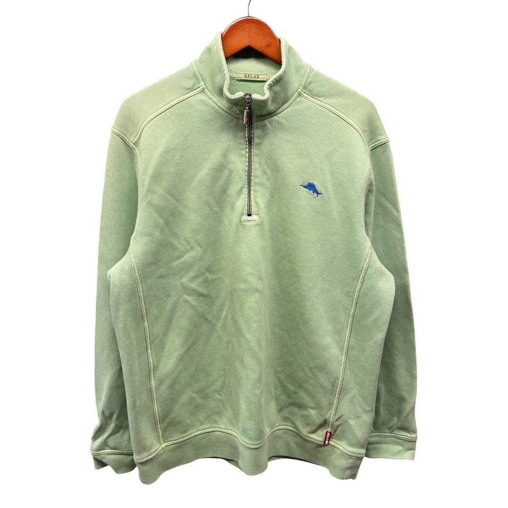 Tommy Bahama Relax Quarter Zip Pullover Mens XL Green Knit Resortwear Flawed